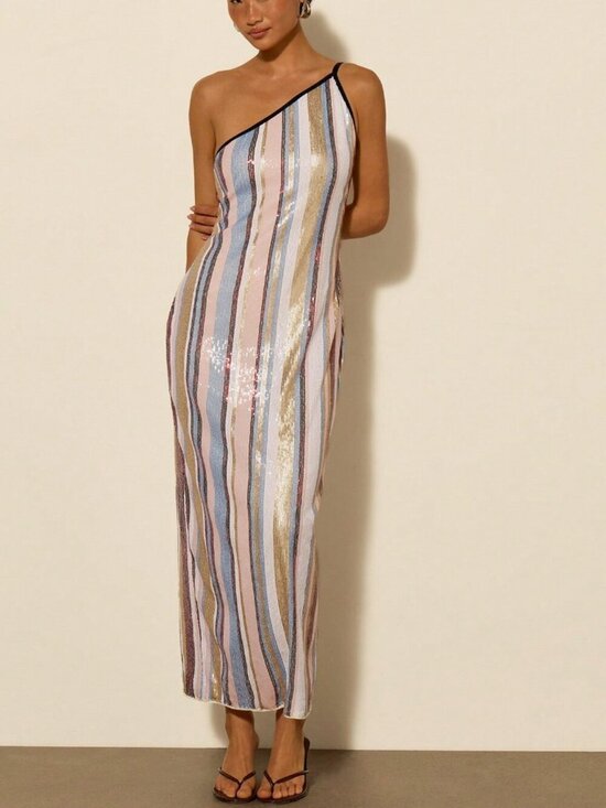 Dresses & Skirts - Elegant Women's Asymmetric Neck Jacquard Sequin Maxi Beach Party Dress